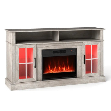 58 Inch Fireplace TV Stand with LED Lights with Storage Cabinets and Glass Doors-Gray Costway