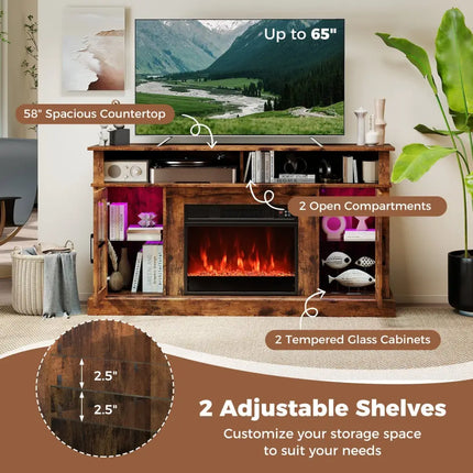 58 Inch Fireplace TV Stand with LED Lights with Storage Cabinets and Glass Doors-Rustic Brown Costway