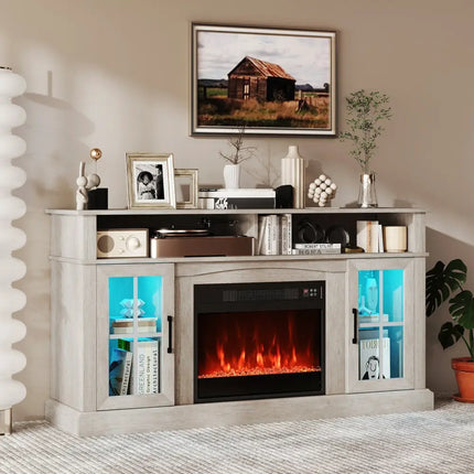 58 Inch Fireplace TV Stand with LED Lights with Storage Cabinets and Glass Doors-Gray Costway