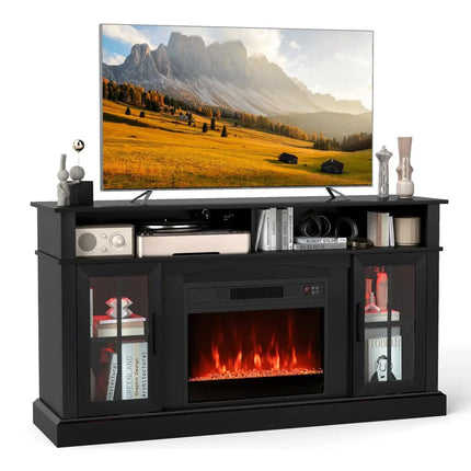 58 Inch Fireplace TV Stand with LED Lights with Storage Cabinets and Glass Doors-Black Costway