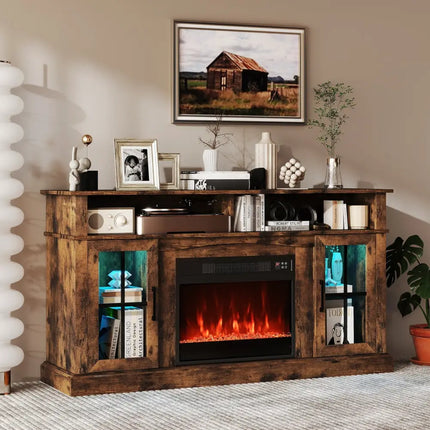 58 Inch Fireplace TV Stand with LED Lights with Storage Cabinets and Glass Doors-Rustic Brown Costway