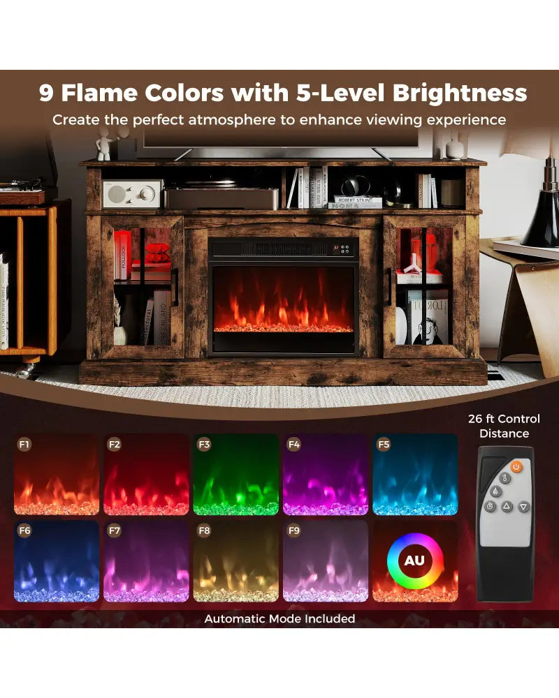 58 Inch Fireplace TV Stand with LED Lights with Storage Cabinets and Glass Doors-Rustic Brown - Rustic Brown