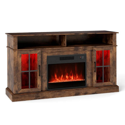 58 Inch Fireplace TV Stand with LED Lights with Storage Cabinets and Glass Doors-Rustic Brown Costway