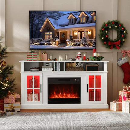 58 Inch Fireplace TV Stand with LED Lights with Storage Cabinets and Glass Doors-White Costway