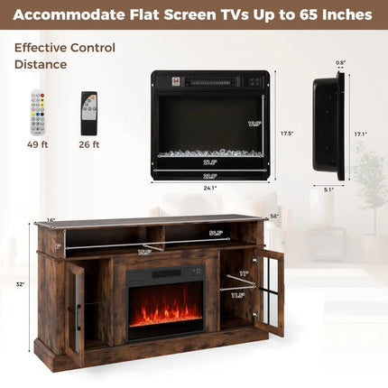 58 Inch Fireplace TV Stand with LED Lights with Storage Cabinets and Glass Doors-Rustic Brown Costway