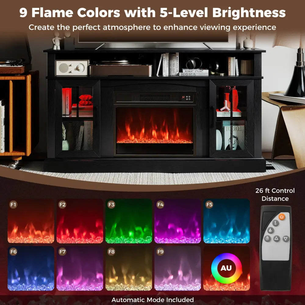 58 Inch Fireplace TV Stand with LED Lights with Storage Cabinets and Glass Doors-Black - Black - Entertainment Centers