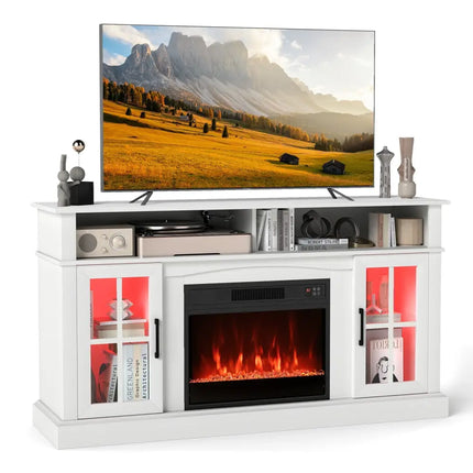 58 Inch Fireplace TV Stand with LED Lights with Storage Cabinets and Glass Doors-White Costway