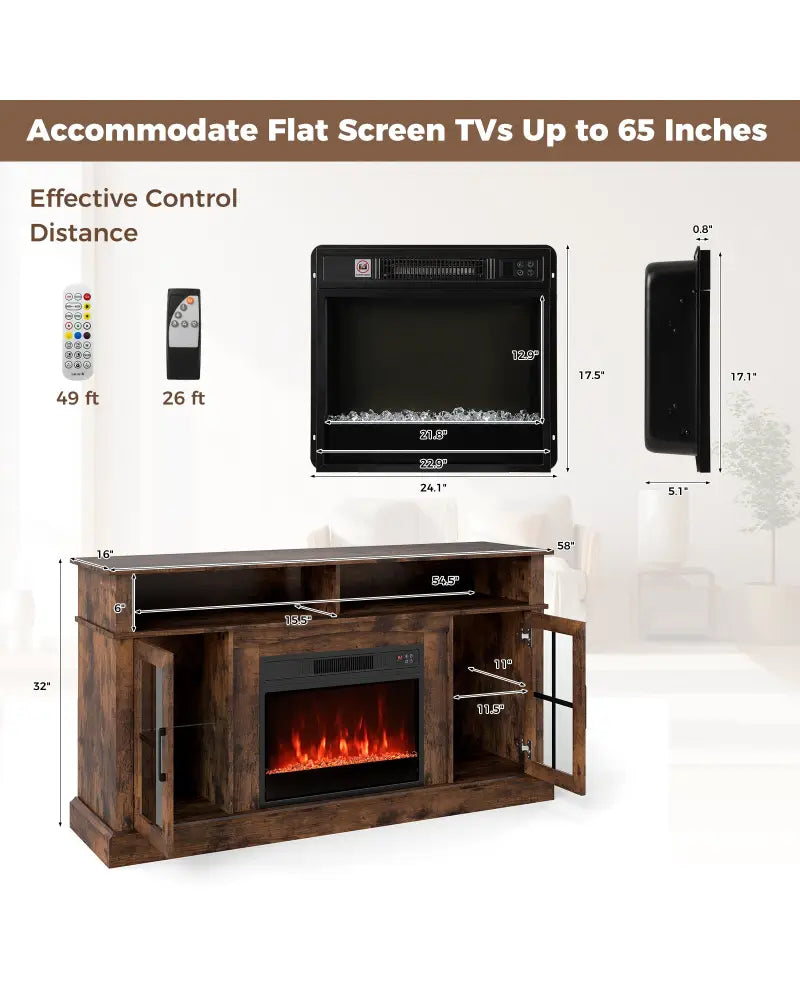 58 Inch Fireplace TV Stand with LED Lights with Storage Cabinets and Glass Doors-Rustic Brown - Rustic Brown