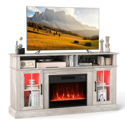 58 Inch Fireplace TV Stand with LED Lights with Storage Cabinets and Glass Doors-Gray Costway