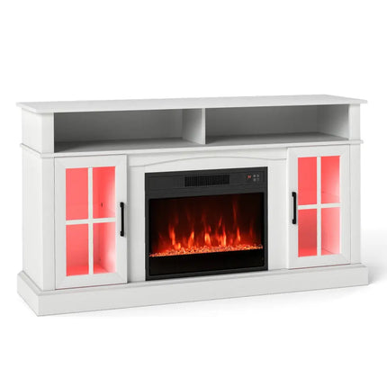 58 Inch Fireplace TV Stand with LED Lights with Storage Cabinets and Glass Doors-White Costway