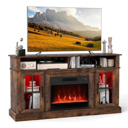 58 Inch Fireplace TV Stand with LED Lights with Storage Cabinets and Glass Doors-Rustic Brown Costway