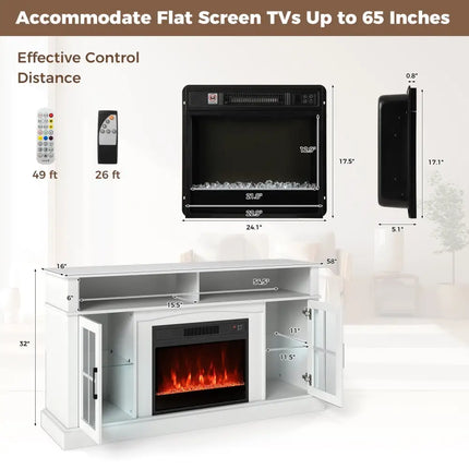 58 Inch Fireplace TV Stand with LED Lights with Storage Cabinets and Glass Doors-White Costway