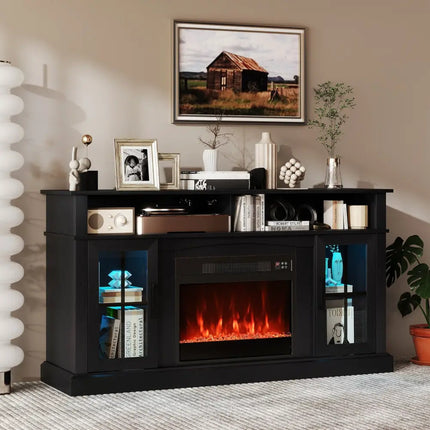 58 Inch Fireplace TV Stand with LED Lights with Storage Cabinets and Glass Doors-Black Costway