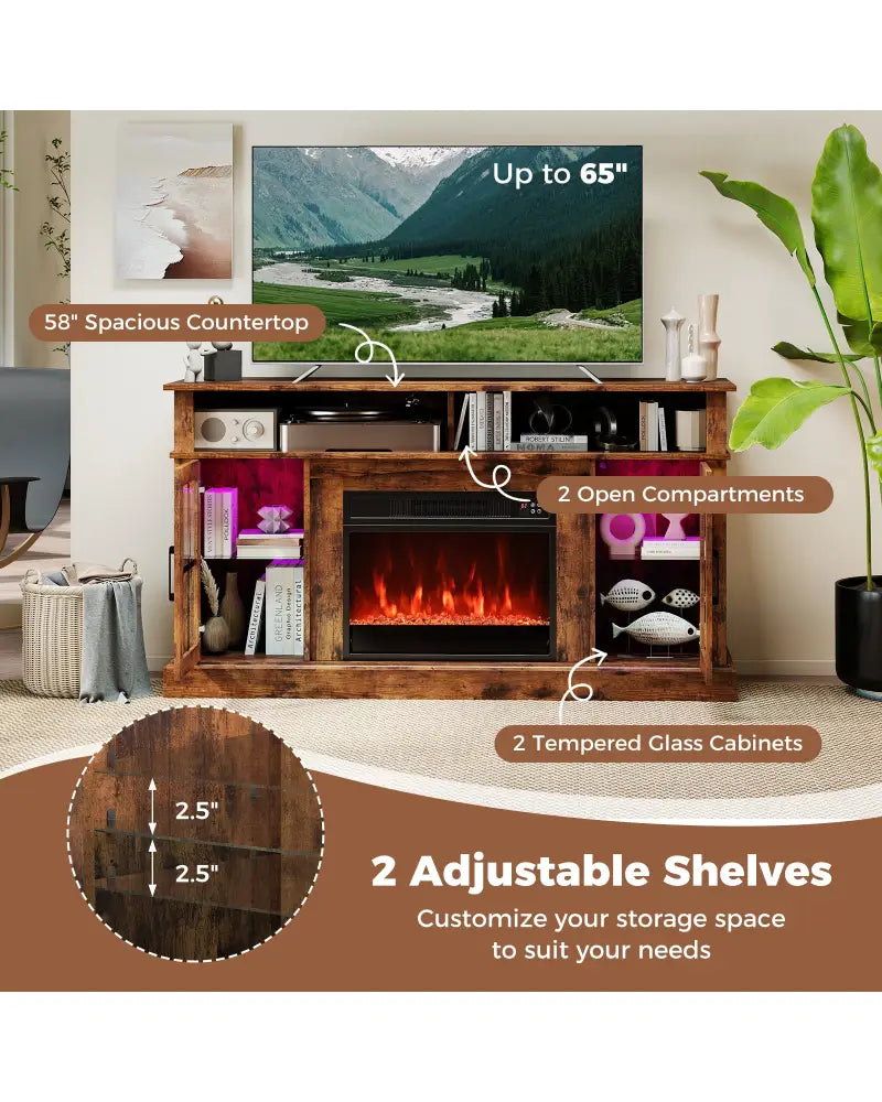 58 Inch Fireplace TV Stand with LED Lights with Storage Cabinets and Glass Doors-Rustic Brown - Rustic Brown
