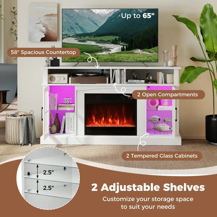 58 Inch Fireplace TV Stand with LED Lights with Storage Cabinets and Glass Doors-White Costway