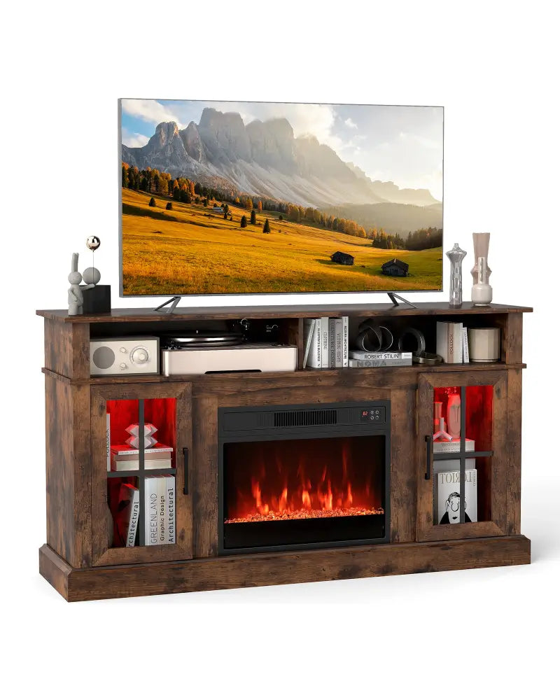 58 Inch Fireplace TV Stand with LED Lights with Storage Cabinets and Glass Doors-Rustic Brown - Rustic Brown
