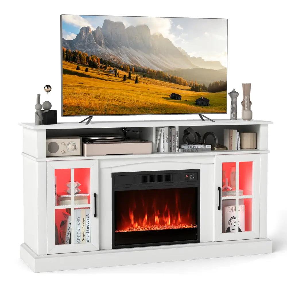 58 Inch Fireplace TV Stand with LED Lights with Storage Cabinets and Glass Doors-White - White - Entertainment Centers