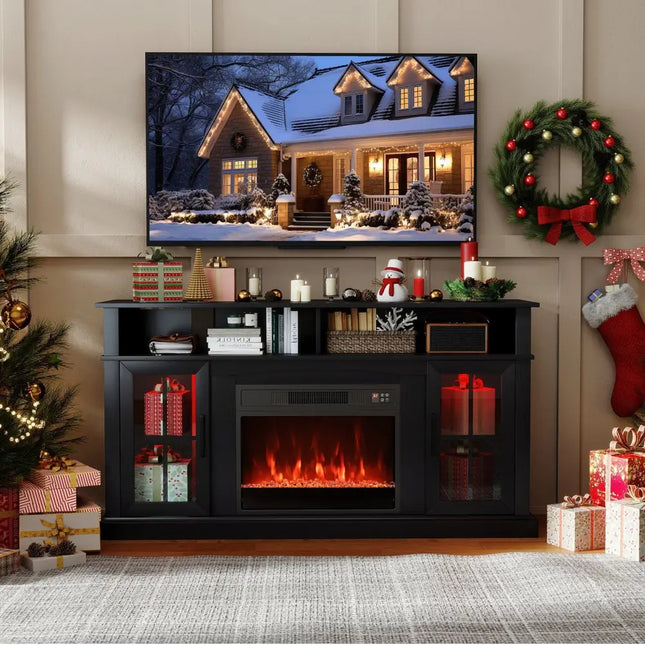 58 Inch Fireplace TV Stand with LED Lights with Storage Cabinets and Glass Doors-Black Costway