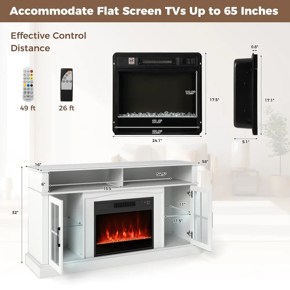 58 Inch Fireplace TV Stand with LED Lights with Storage Cabinets and Glass Doors-White - White - Entertainment Centers