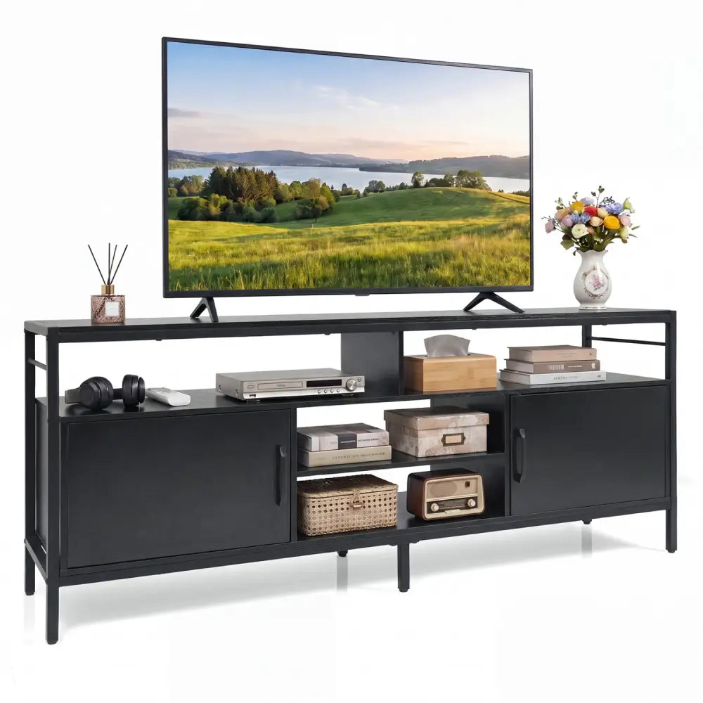 58 Inch Industrial TV Stand with Cabinets and Adjustable Shelf for TVs up to 65 Inch-Black - Black - Entertainment