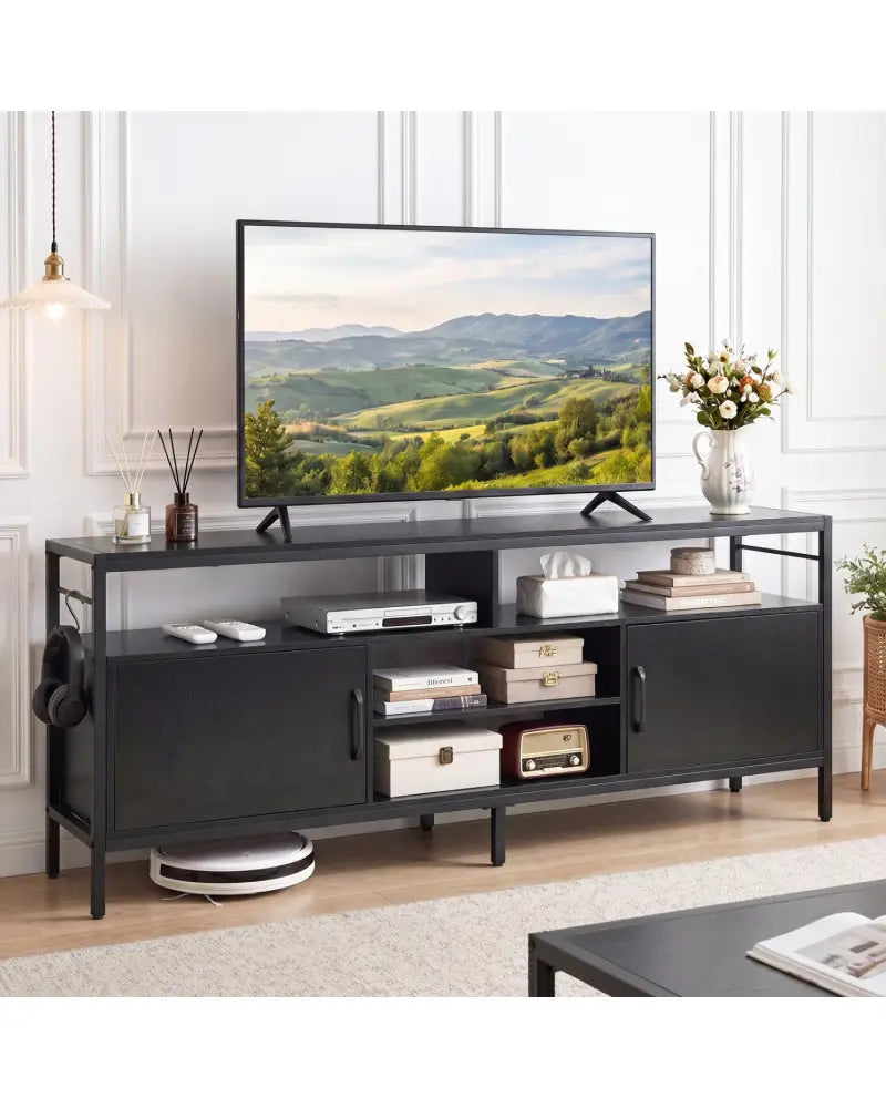 58 Inch Industrial TV Stand with Cabinets and Adjustable Shelf for TVs up to 65 Inch-Black - Black - Entertainment
