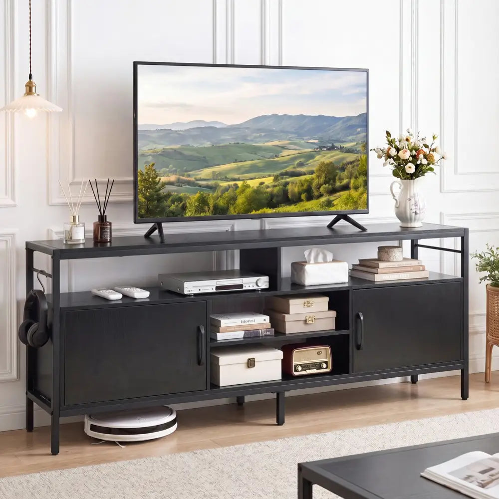 58 Inch Industrial TV Stand with Cabinets and Adjustable Shelf for TVs up to 65 Inch-Black - Black - Entertainment