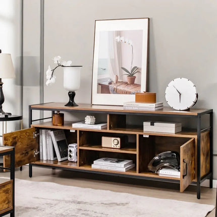 58 Inch Industrial TV Stand with Cabinets and Adjustable Shelf for TVs up to 65 Inch-Rustic Brwon Costway