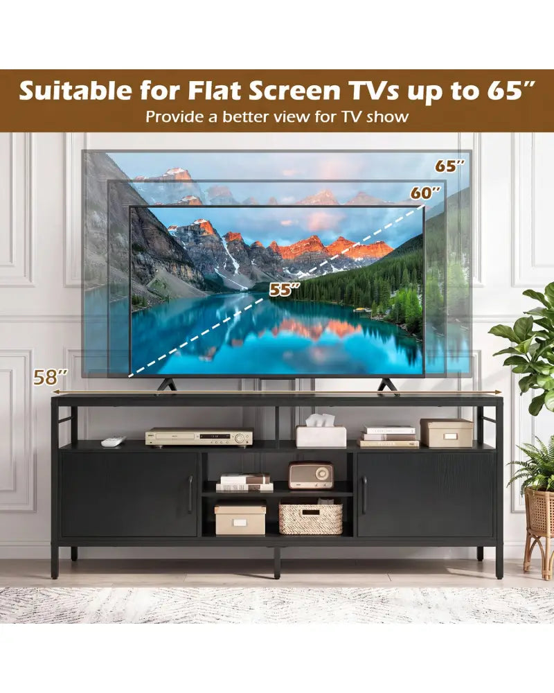 58 Inch Industrial TV Stand with Cabinets and Adjustable Shelf for TVs up to 65 Inch-Black - Black - Entertainment