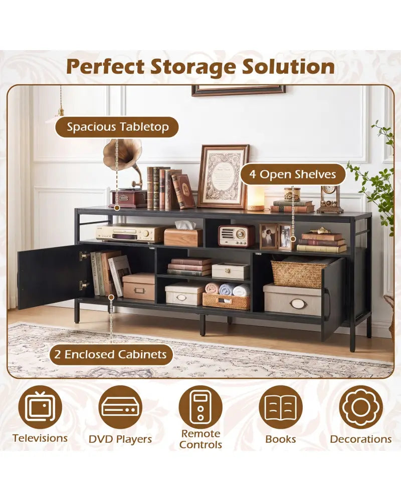 58 Inch Industrial TV Stand with Cabinets and Adjustable Shelf for TVs up to 65 Inch-Black - Black - Entertainment