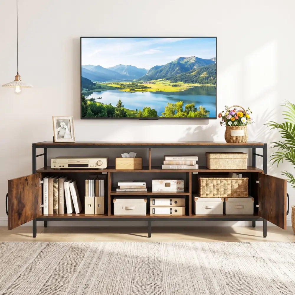 58 Inch Industrial TV Stand with Cabinets and Adjustable Shelf for TVs up to 65 Inch-Rustic Brwon - Rustic Brown