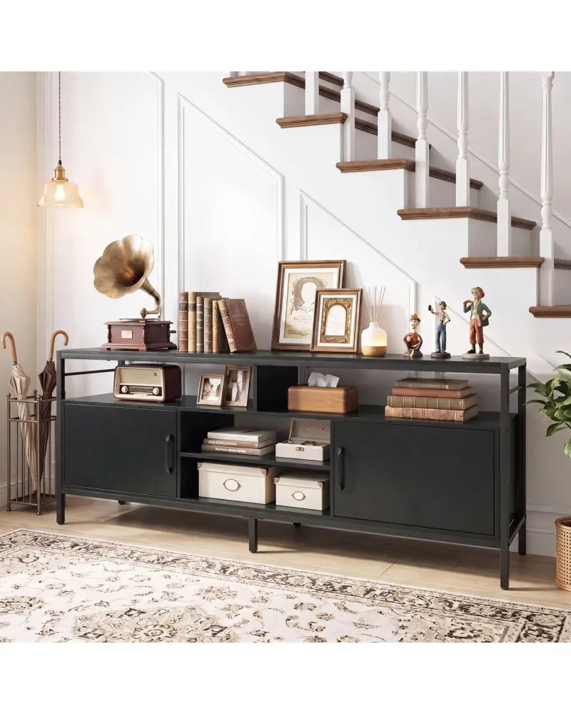 58 Inch Industrial TV Stand with Cabinets and Adjustable Shelf for TVs up to 65 Inch-Black - Black - Entertainment