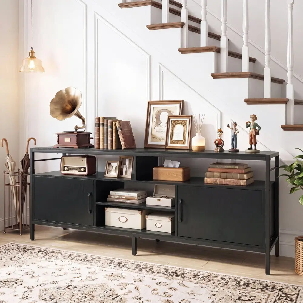 58 Inch Industrial TV Stand with Cabinets and Adjustable Shelf for TVs up to 65 Inch-Black - Black - Entertainment