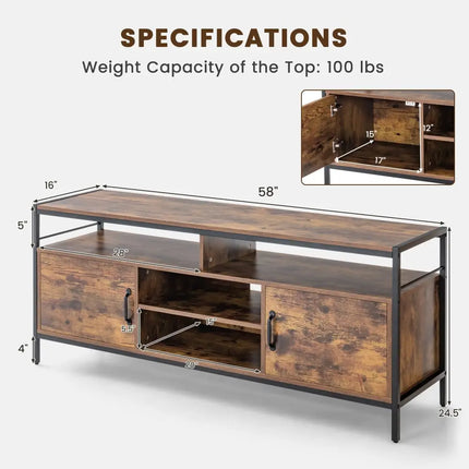 58 Inch Industrial TV Stand with Cabinets and Adjustable Shelf for TVs up to 65 Inch-Rustic Brwon Costway