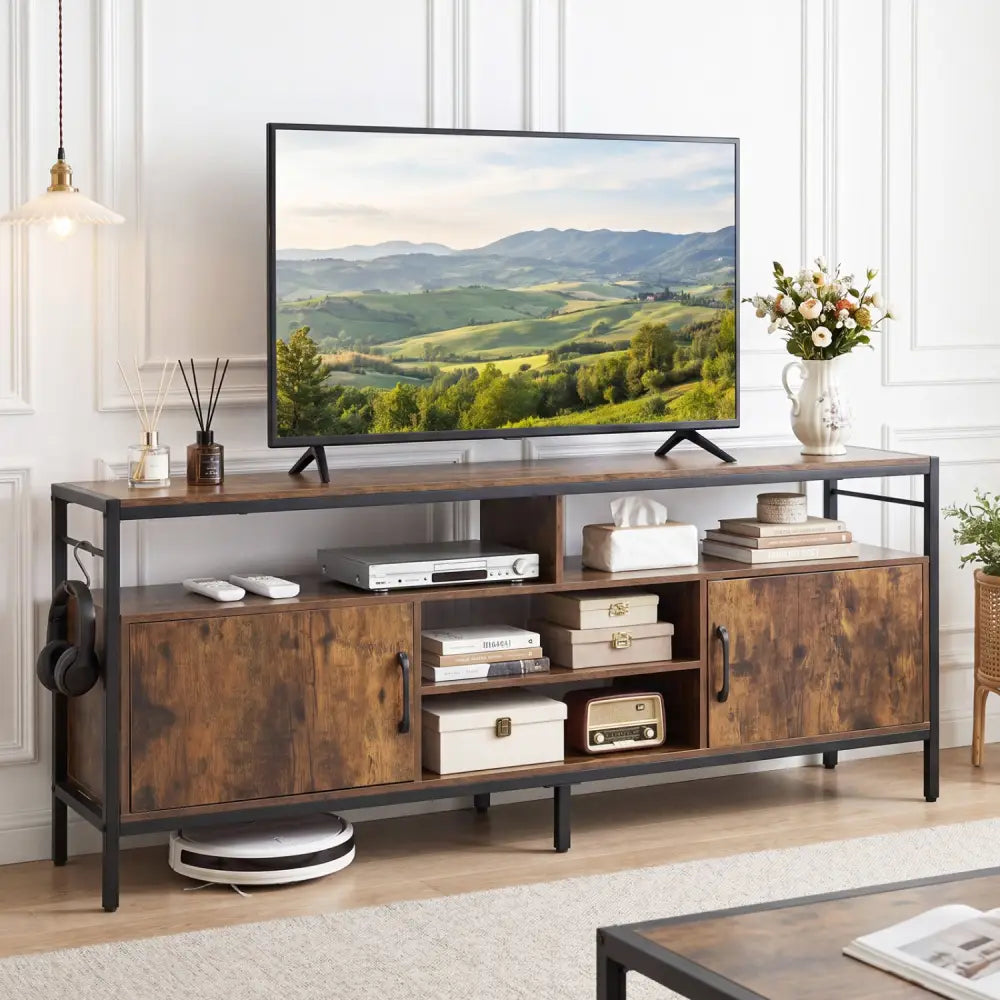 58 Inch Industrial TV Stand with Cabinets and Adjustable Shelf for TVs up to 65 Inch-Rustic Brwon - Rustic Brown
