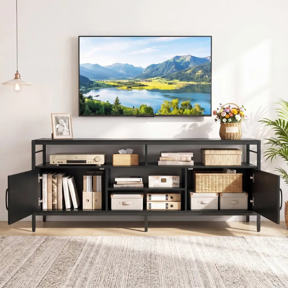 58 Inch Industrial TV Stand with Cabinets and Adjustable Shelf for TVs up to 65 Inch-Black - Black - Entertainment