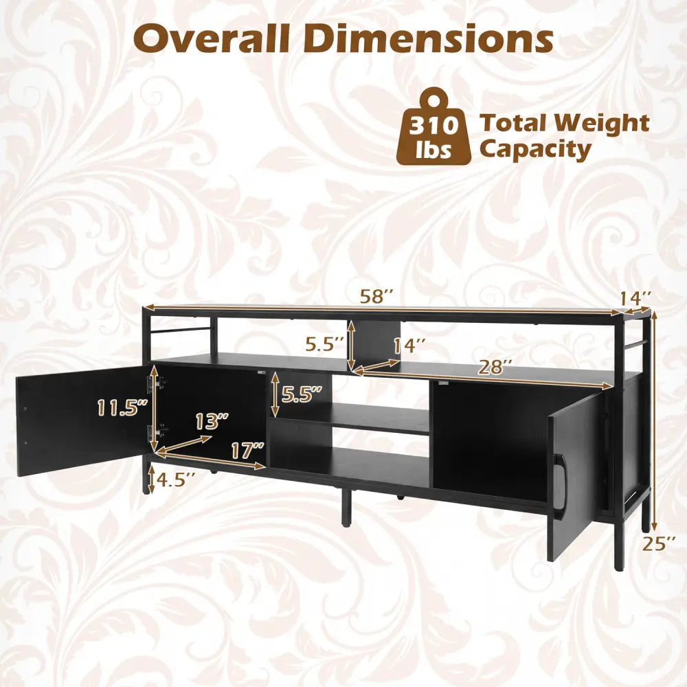 58 Inch Industrial TV Stand with Cabinets and Adjustable Shelf for TVs up to 65 Inch-Black - Black - Entertainment