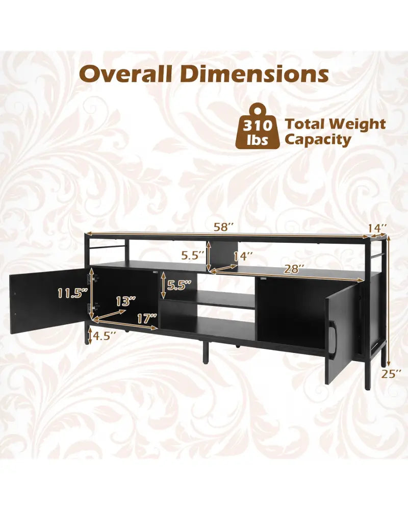58 Inch Industrial TV Stand with Cabinets and Adjustable Shelf for TVs up to 65 Inch-Black - Black - Entertainment