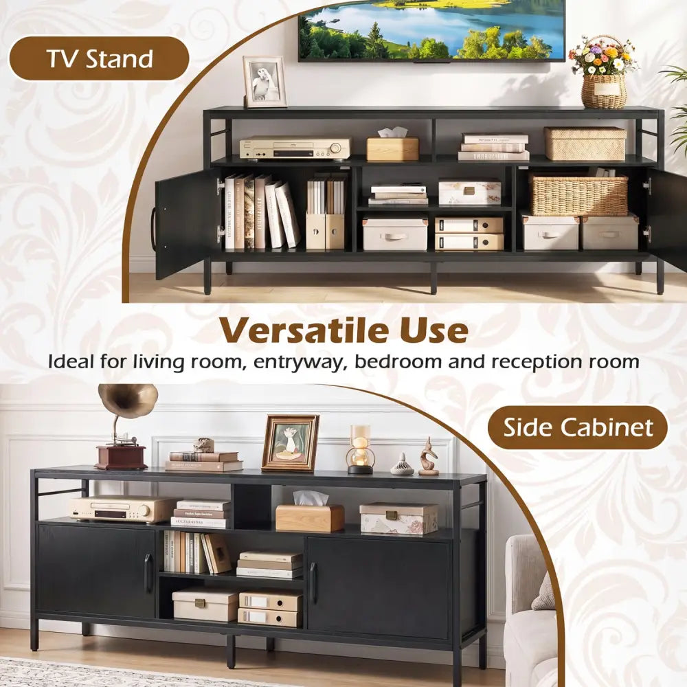 58 Inch Industrial TV Stand with Cabinets and Adjustable Shelf for TVs up to 65 Inch-Black - Black - Entertainment