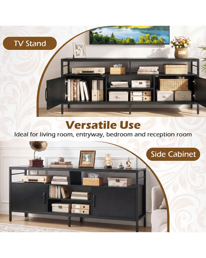 58 Inch Industrial TV Stand with Cabinets and Adjustable Shelf for TVs up to 65 Inch-Black - Black - Entertainment