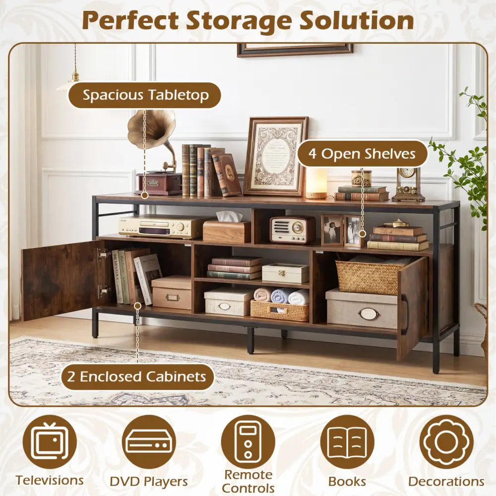 58 Inch Industrial TV Stand with Cabinets and Adjustable Shelf for TVs up to 65 Inch-Rustic Brwon - Rustic Brown