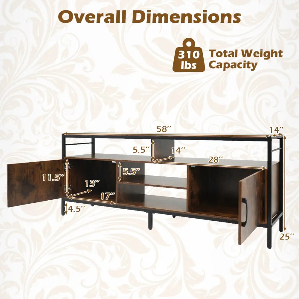 58 Inch Industrial TV Stand with Cabinets and Adjustable Shelf for TVs up to 65 Inch-Rustic Brwon - Rustic Brown