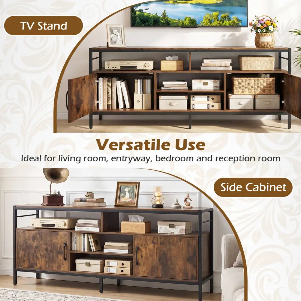 58 Inch Industrial TV Stand with Cabinets and Adjustable Shelf for TVs up to 65 Inch-Rustic Brwon - Rustic Brown