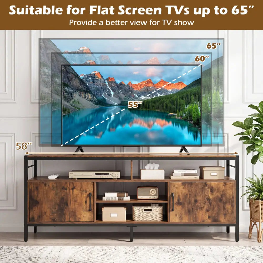 58 Inch Industrial TV Stand with Cabinets and Adjustable Shelf for TVs up to 65 Inch-Rustic Brwon - Rustic Brown