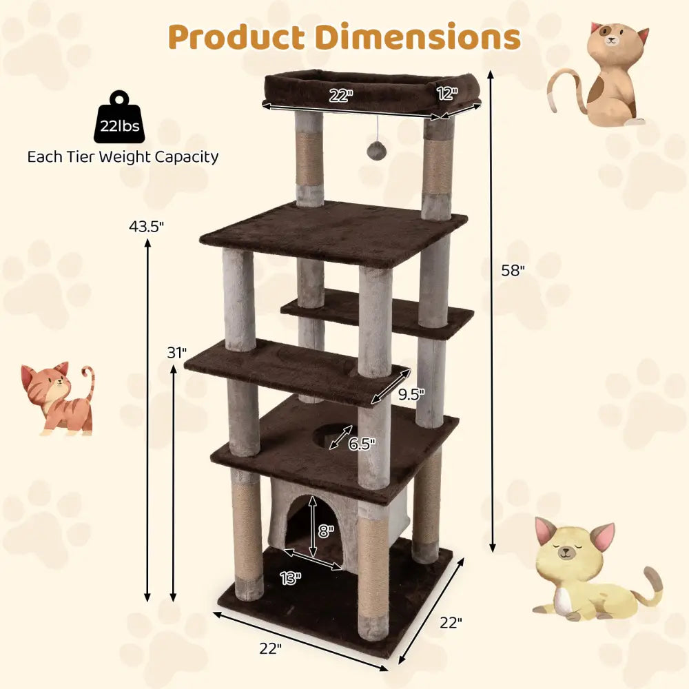 58 Inch Large Multi-level Cat Tree with Swaying Aerial Condo and Plush Perch Bed-Brown - Brown - Cat Trees Condos &