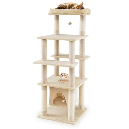 58 Inch Large Multi-level Cat Tree with Swaying Aerial Condo and Plush Perch Bed-Beige - Beige - Cat Trees Condos &