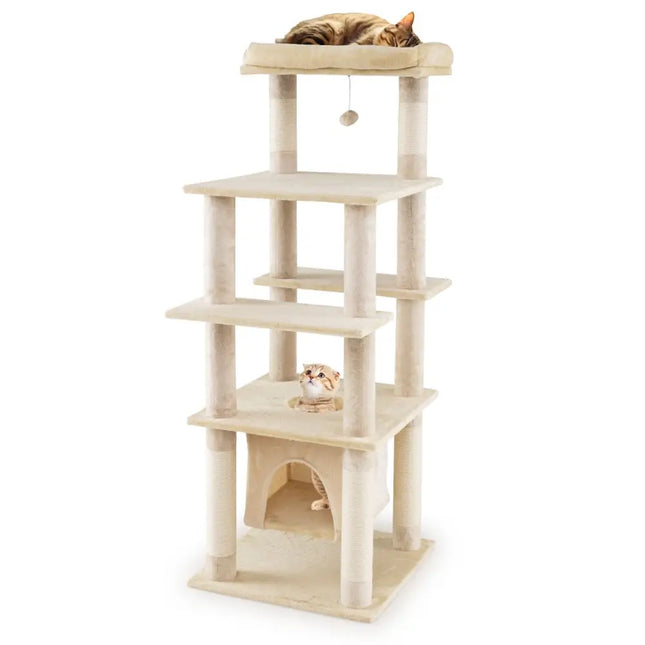 58 Inch Large Multi-level Cat Tree with Swaying Aerial Condo and Plush Perch Bed-Beige - Beige - Cat Trees Condos &