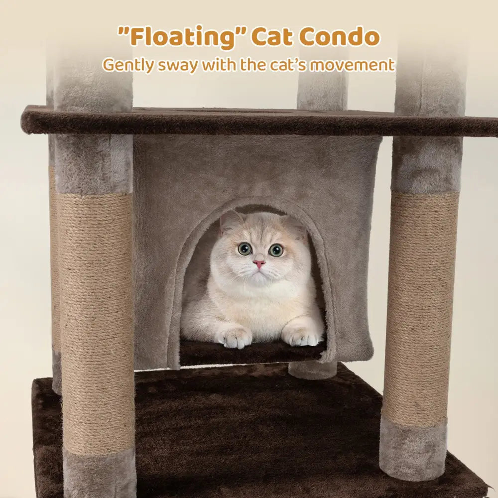 58 Inch Large Multi-level Cat Tree with Swaying Aerial Condo and Plush Perch Bed-Brown - Brown - Cat Trees Condos &