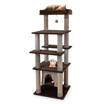 58 Inch Large Multi-level Cat Tree with Swaying Aerial Condo and Plush Perch Bed-Brown - Brown - Cat Trees Condos &