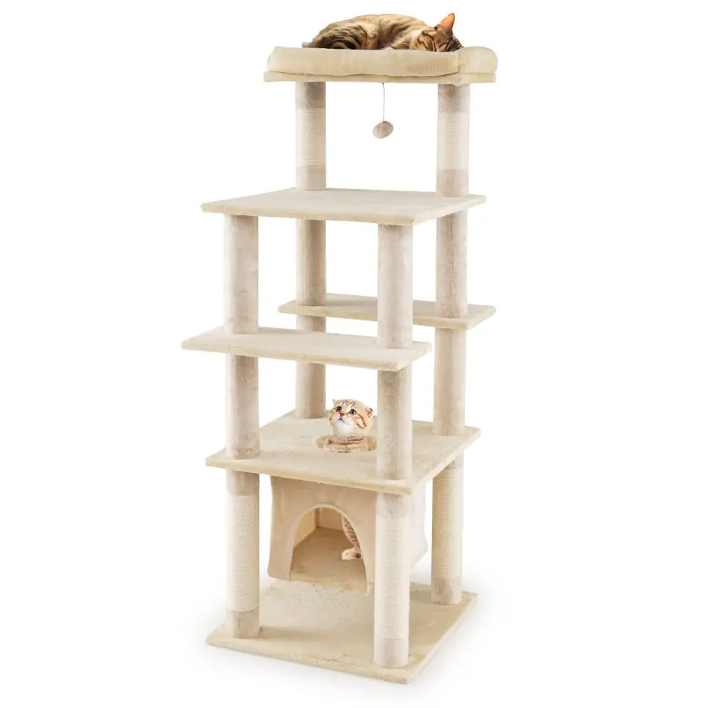 58 Inch Large Multi-level Cat Tree with Swaying Aerial Condo and Plush Perch Bed-Beige - Beige - Cat Trees Condos &