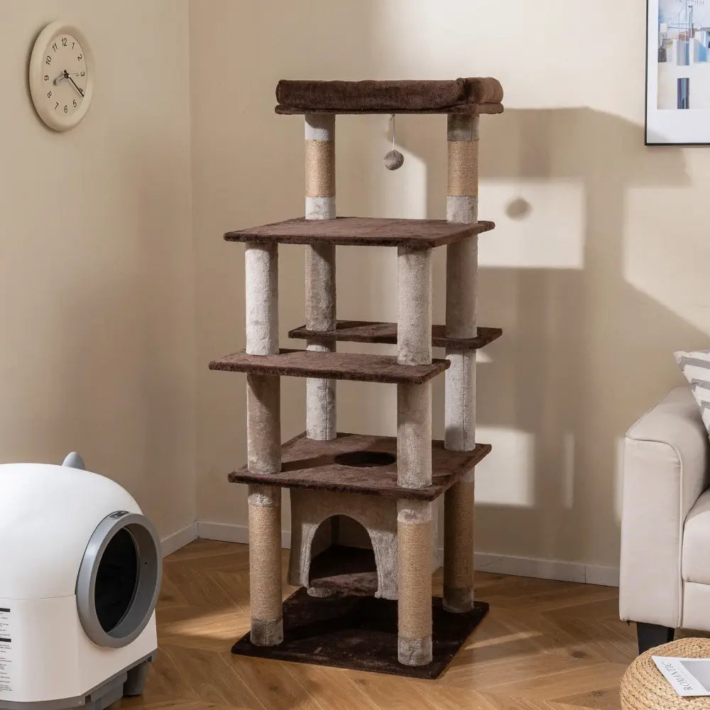 58 Inch Large Multi-level Cat Tree with Swaying Aerial Condo and Plush Perch Bed-Brown - Brown - Cat Trees Condos &